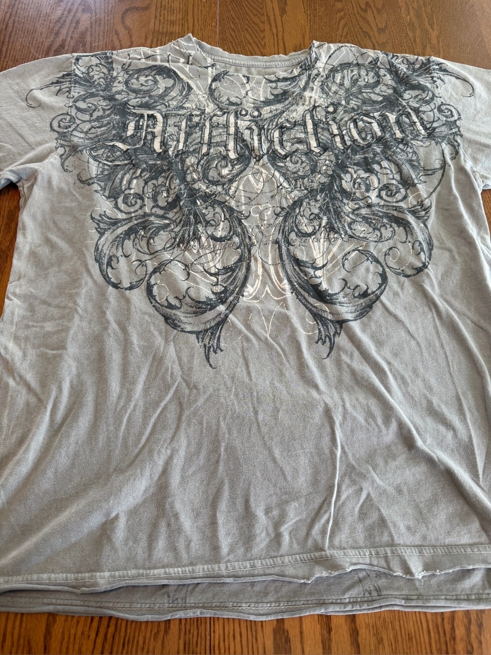 Affliction Y2k Grey T-Shirt with Logo and Wing Design on Back
